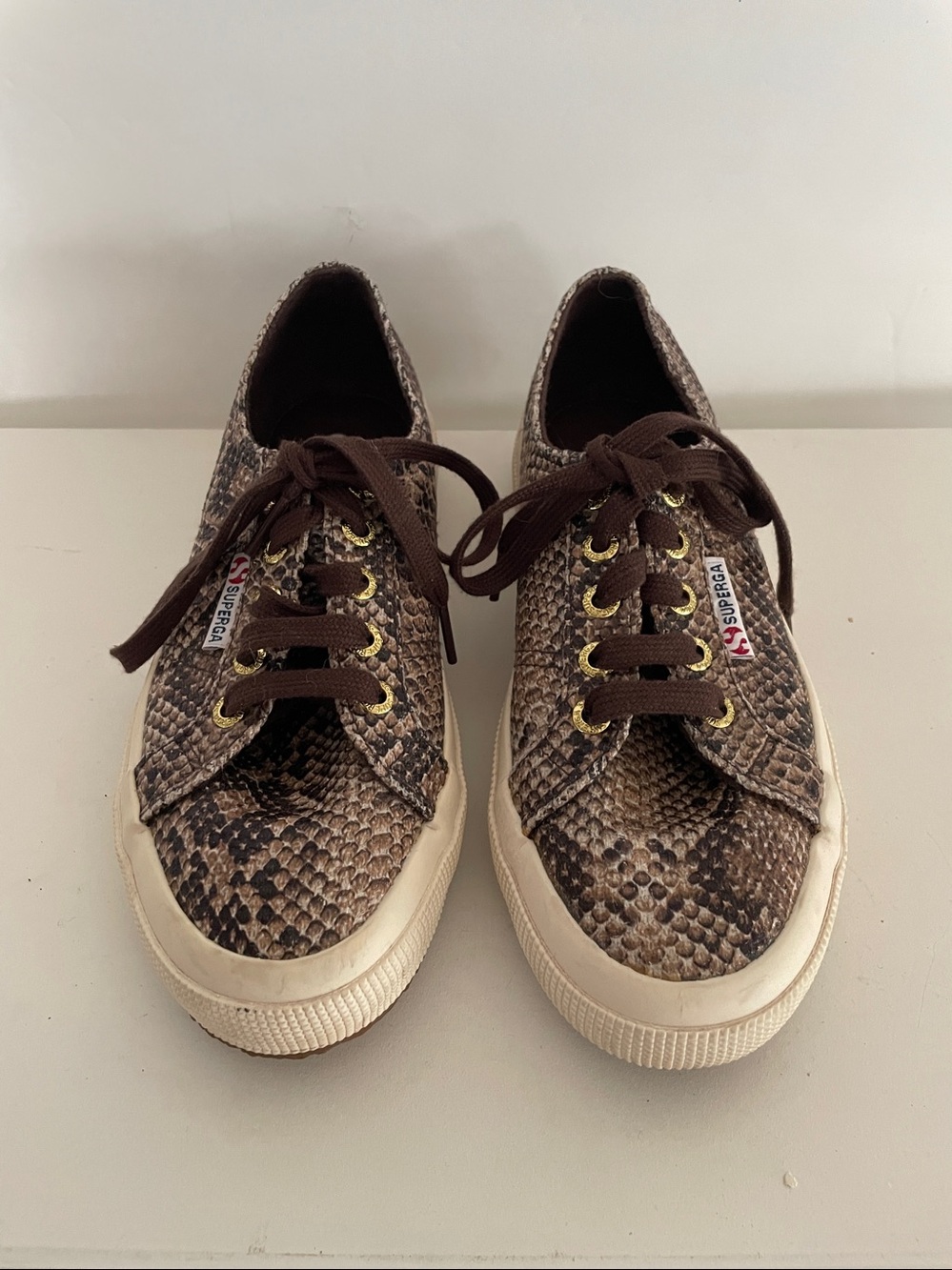 Superga Coated Cotton Lace Up Sneakers Snake/Animal Print Browns